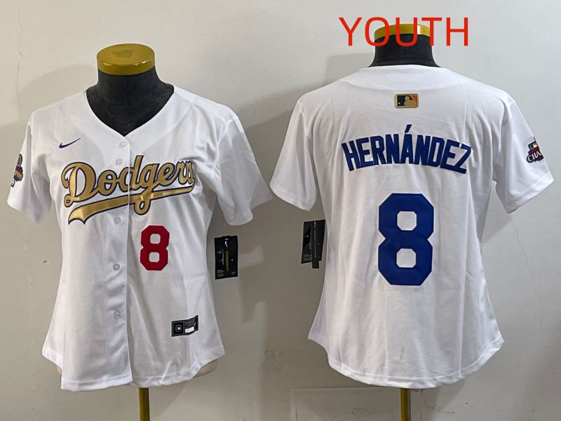 Youth Los Angeles Dodgers #8 Hernandez White Champion edition Nike MLB Jersey style 003->youth mlb jersey->Youth Jersey